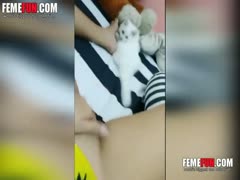 The adorable Asian girl allowed her cat to lick her crotch.